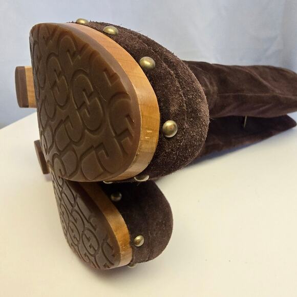 Ugg Rumer Suede Chocolate Brown Tall Boots Lattice Weave Back inner Zip 7 - Picture 6 of 12